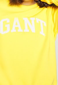 Žlutá mikina s bílým nápisem "GANT" na hrudi. Má kulatý výstřih a dlouhé rukávy. Je vyrobena z jemné tkaniny.