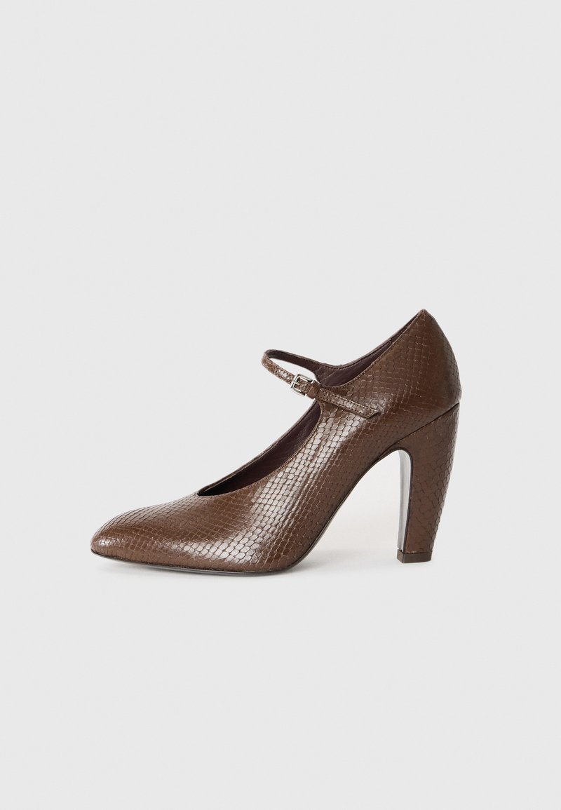 Chaussure à talon haut marron avec un imprimé reptile texturé. Dispose d'un bout pointu, d'une sangle de cheville et d'un talon bloc solide.