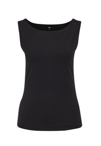 Musthave mustat ilmaede top, mis on valmistatud siledast kangast, ümarate kaelustega ja keha lähedasest siluetist. Omab lihtsat, kaunistamata disaini.