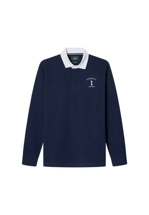Marineblaues Langarm-Polohemd mit weißem Kragen, das ein Logo auf der Brust trägt. Hergestellt aus strukturiertem Stoff mit klassischer Passform.