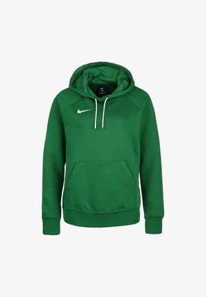 Grön hoodie i mjukt tyg, med en stor ficka fram, justerbar dragsko i huvan och en liten vit Nike-logotyp på bröstet.