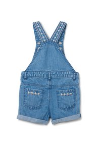 Denim overall met schouderbanden, met geborduurde florale accenten op de zakken, lichtblauwe kleur en opgerolde zoom.