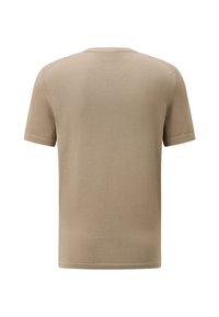 T-shirt beige à manches courtes en tissu tricoté texturé. Présente une encolure ras du cou et des poignets côtelés. Design simple et sans embellissement.