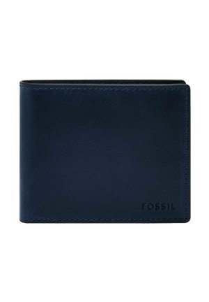 Portefeuille bi-fold en cuir bleu foncé avec coutures visibles et logo Fossil embossé dans le coin inférieur droit.