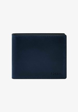 Portefeuille bi-fold en cuir bleu foncé avec coutures visibles et logo Fossil embossé dans le coin inférieur droit.