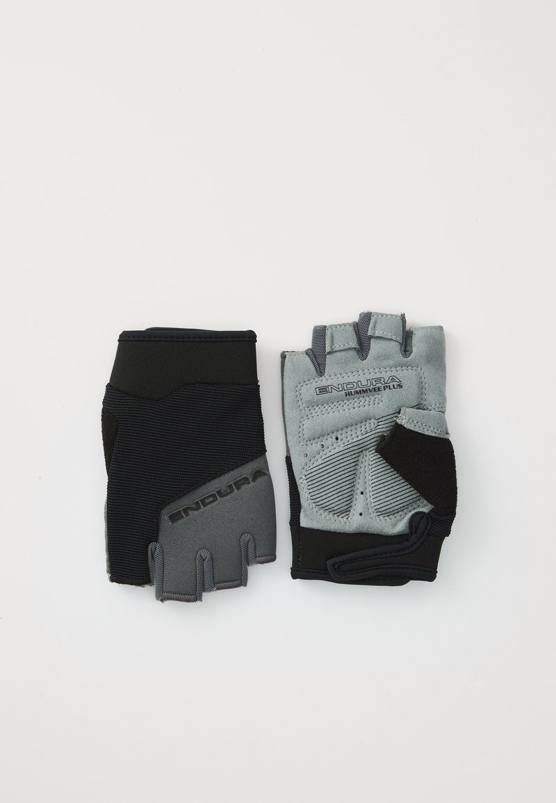 Short finger cycling gloves in black and gray. Made of breathable fabric with textured grip on palm, featuring reinforced stitching and logo.