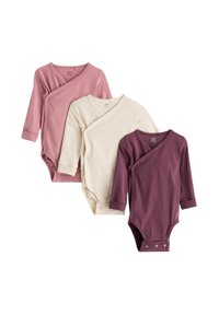 Three long-sleeve bodysuits in pink, cream, and maroon, featuring a wrap design with snap closures and soft cotton material.