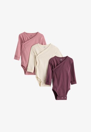 Três bodysuits de manga longa em rosa, creme e bordô, com um design envolvente, fechos de pressão e material de algodão suave.