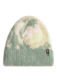 Švelnus, žalias megztas šalikėlis su pūkuota tekstūra, šviesiu pastelinių atspalvių raštu ir banguotu kraštu. Maža juoda logotipo etiketė šone.