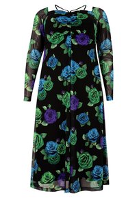 Zwarte jurk met lange transparante mouwen, voorzien van een bloemenpatroon van blauwe en paarse rozen en groene bladeren. Gerimpeld detail aan de voorkant.