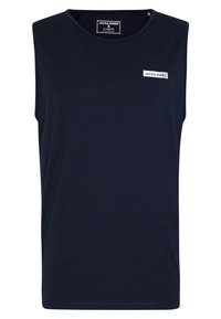 Maglietta senza maniche navy in cotone, con colletto tondo, una piccola etichetta con logo sul petto e linee pulite e semplici.