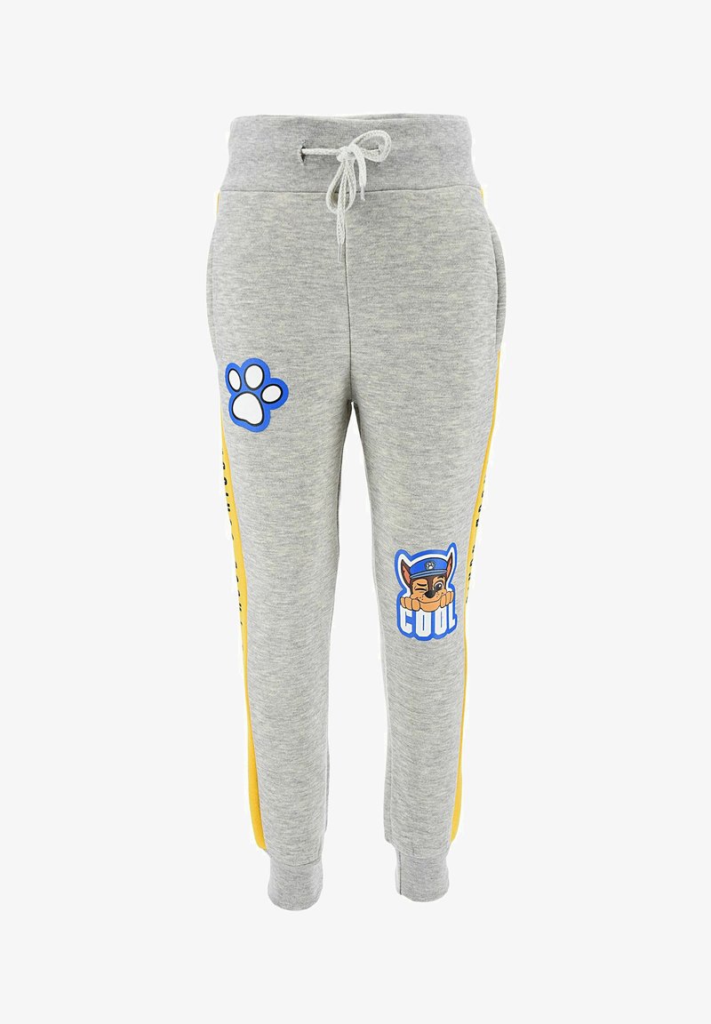 Gray sweatpants with elastic waistband and drawstring, featuring yellow side stripes, paw print, and cartoon character designs.