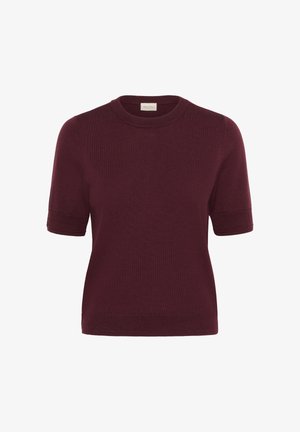 Burgundy kortärmad tröja i ett lätt stickat material, med rund halsringning och ribbade ärmslut för extra textur.