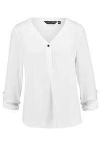 Blusa bianca a maniche lunghe realizzata in tessuto liscio, con scollo a V, chiusura frontale con bottoni e polsini arrotolati regolabili con dettagli in bottone.