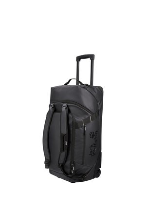 Bolsa de viaje negra con ruedas, asa extensible, correas para el hombro, bolsillo lateral con cremallera y logotipo de Jack Wolfskin en el lateral.