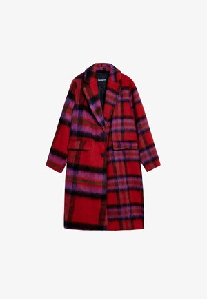 Red plaid coat featuring a blend of bold red, purple, and black colors, soft texture, two front pockets, and a notched collar.