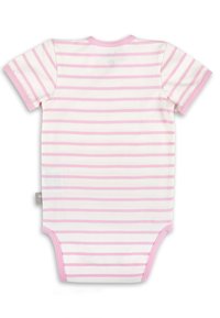 Short-sleeve bodysuit in soft cotton featuring pink and white horizontal stripes, with a round neckline and snap closures at the bottom.