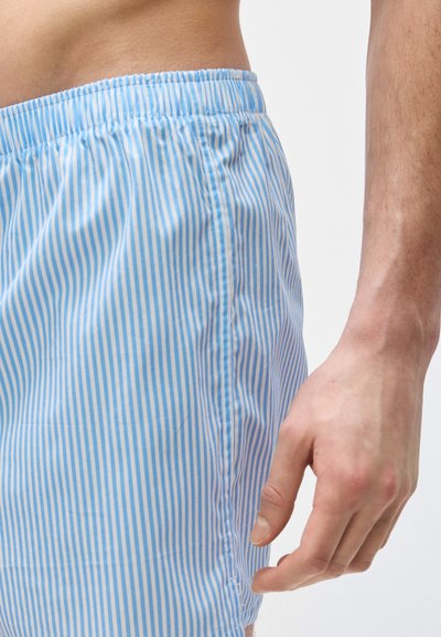 Κοντινή λήψη της μέσης και του χεριού ενός ατόμου που φοράει σορτς με ελαστική μέση σε μπλε και λευκές κάθετες ρίγες, με φόντο ένα απλό λευκό φόντο.