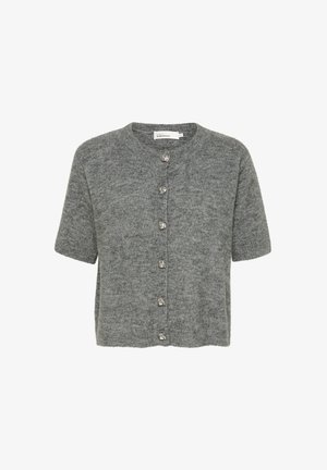 Siv šal s kratkimi rokavi iz mehkega volne z okroglim izrezom in šestimi dekorativnimi gumbi spredaj. Teksturirana površina.