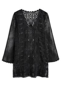 Túnica negra de encaje con patrones intrincados en forma de ondas y óvalos, escote en V y mangas fluidas de tres cuartos. Diseño ligero y texturizado.