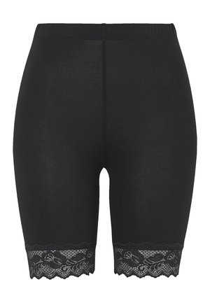Sorte shorts lavet af blødt stof med en bredtalje og dekorativ lacekant langs kanten, der har et bølget kantdesign.