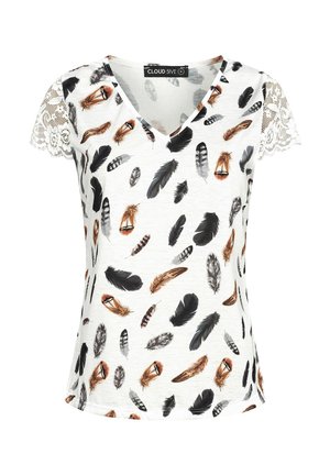 Cloud 5ive, CLOUD 5IVE ALL OVER FEDER PRINT V-NECK SHIRT MIT SPITZENANSATZ - Trükipildiga T-särk - white