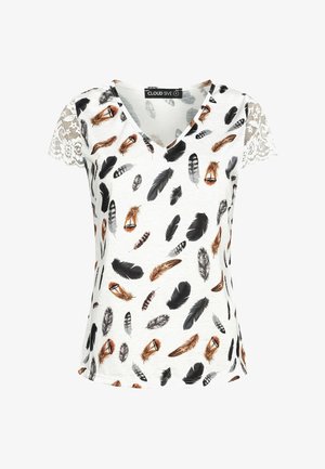 Cloud 5ive, CLOUD 5IVE ALL OVER FEDER PRINT V-NECK SHIRT MIT SPITZENANSATZ - Trükipildiga T-särk - white