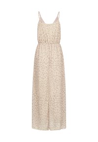 Robe maxi beige sans manches avec fines bretelles et imprimé léopard abstrait, taille froncée et jupe fluide.