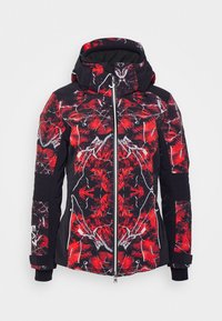 Röd och svart mönstrad skidjacka med huva, med dragkedja fram, texturerat tyg och svarta detaljer på ärmarna.