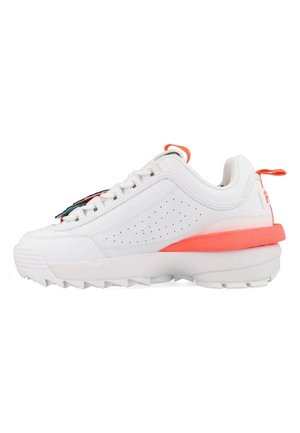 White athletic sneakers with a textured upper, perforated panels, and a vibrant coral accent along the midsole. Rubber traction outsole.