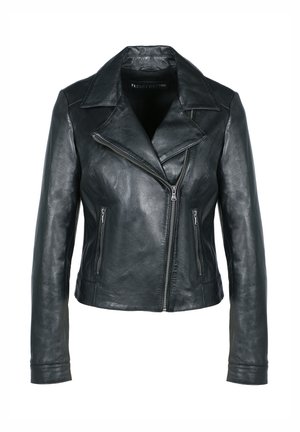 Black leather biker jacket featuring a notched collar, asymmetrical front zipper, and two zippered side pockets. Smooth texture, fitted design.