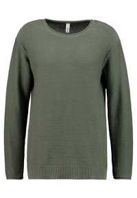Maglione a maglia verde oliva con un motivo testurizzato, collo rotondo e polsini e orlo a costine. Maniche lunghe e vestibilità comoda.