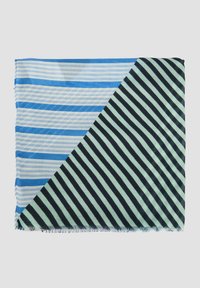 Écharpe rayée divisée en diagonale ; un côté présente des rayures bleu clair et blanches, l'autre des rayures noires et vertes, avec des bords effilochés.