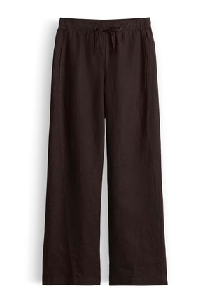 Pantalon noir à jambes larges avec taille élastique et nœud sur le devant, en tissu léger, présenté à plat sur fond blanc.