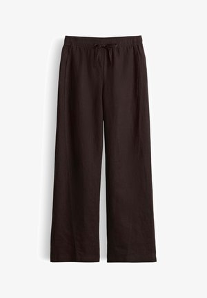 Pantalon noir à jambes larges avec taille élastique et nœud sur le devant, en tissu léger, présenté à plat sur fond blanc.