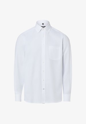Camicia bianca a maniche lunghe con bottoni, collo con bottoni e taschino sul petto, mostrata distesa su uno sfondo bianco.