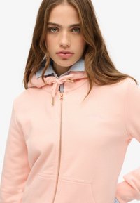 Sudadera de cremallera rosa con capucha forrada en rayas azules y blancas. Cuenta con un bolsillo delantero y un logo bordado. Textura de tela suave.