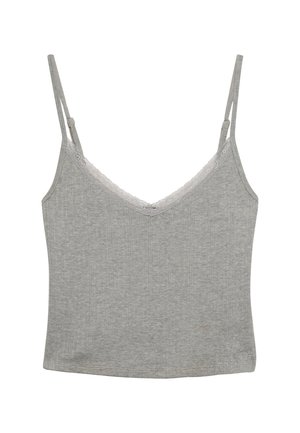 Hellgraues, geripptes Baumwoll-Top mit Spitzenbesatz entlang des V-Ausschnitts und verstellbaren Spaghettiträgern.