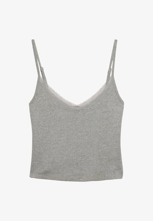 Hellgraues, geripptes Baumwoll-Top mit Spitzenbesatz entlang des V-Ausschnitts und verstellbaren Spaghettiträgern.