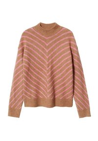 Jersey marrón con cuello alto, con franjas en forma de chevron de color rosa. Textura suave, ajuste relajado, puños y dobladillo acanalados.
