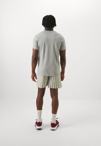 Grey cotton t-shirt, striped green and white shorts, red and white sneakers, white socks. Simple design, relaxed fit, back view.