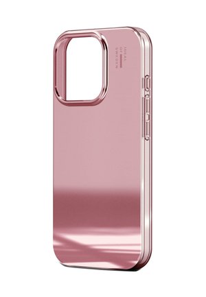 Rose gold phone case with a glossy finish, rectangular shape, precise cutout for camera, and side buttons. Smooth texture and sleek design.