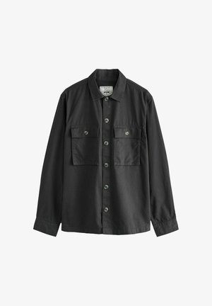 Fekete, hosszú ujjú, pamut ing gombos elülső résszel, két mellzsebbel és zöld gombokkal. Egyenes szegély és galléros dizájn.