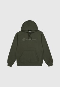 Donkergroen hoodie van katoen, met een voorzak, een capuchon met trekkoorden en het Champion-logo in zilver geborduurd op de borst.