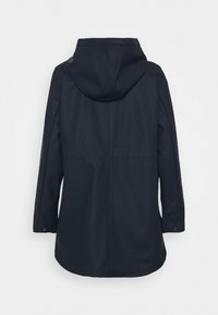 Marineblaue Kapuzenjacke aus glattem, wasserabweisendem Stoff, mit langen Ärmeln, einer Kordelzugkapuze und einem mittellangen Schnitt.