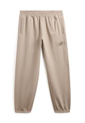 Beige sweatpants med elastisk talje, sidelommer, tapered ben, og broderet logodetail på venstre lår. Glat stofstruktur.