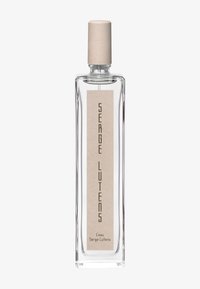 Bottiglia di profumo in vetro trasparente, dalla forma rettangolare, con tappo in sughero e un'etichetta beige con testo in rilievo in carattere scuro. Design minimalista.