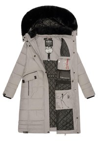Chaqueta de plumas gris claro con capucha de piel sintética, interior acolchado, múltiples bolsillos y detalles gráficos en el forro.
