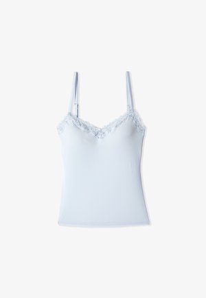 Light blue sleeveless camisole with lace trim along the V-neckline and adjustable shoulder straps on a white background.