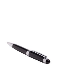 Black pen with a smooth plastic body, silver accents, a clip, and a rounded cap. Features a sleek, cylindrical shape.